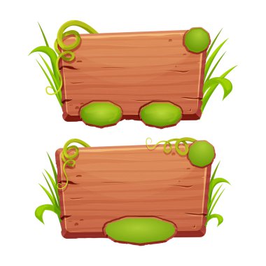 Çimen ve lianalı orman ahşap çerçeve, kullanıcı arayüzü, beyaz arkaplanda izole çizgi film tarzında menü tahtası.