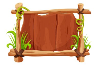 Çubuklardan çerçeve, çimlerle süslenmiş ahşap kalaslar ve beyaz arka planda izole çizgi film tarzında liana. Sınır, orman paneli desenli ve detaylı. Oyun varlığı, menü