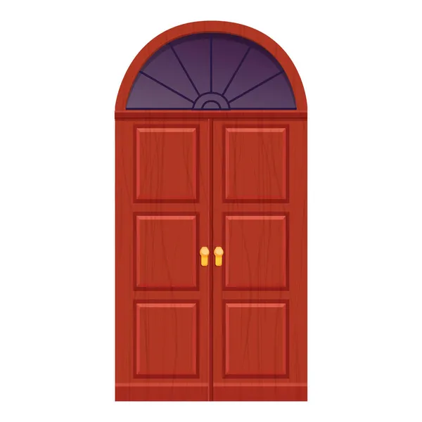 Arco puerta de madera, entrada frontal con ventana, texturizado en estilo de dibujos animados aislado sobre fondo blanco. Ui activo del juego, decoración medieval — Vector de stock