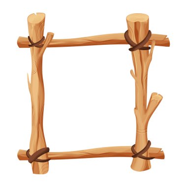 Çerçeve, ahşap dal, sopa ve deri ip beyaz arka planda izole çizgi film tarzında. Kabile, kırsal klip sanatı. Ui oyun varlığı. Vektör illüstrasyonu