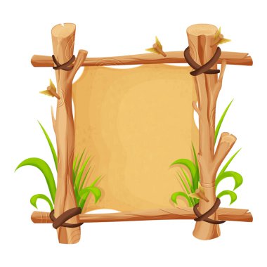 Ahşap daldan çerçeve, sopalar, eski kağıt, deri ip, beyaz arka planda izole çizgi film tarzında çimenler. Kabile, kırsal klip sanatı. Ui oyun varlığı. Vektör illüstrasyonu