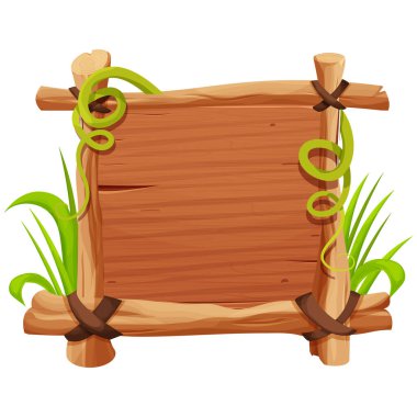 Çubuklardan çerçeve, çimlerle süslenmiş ahşap kalaslar ve beyaz arka planda izole çizgi film tarzında liana. Sınır, orman paneli desenli ve detaylı. Oyun varlığı, menü. Vektör illüstrasyonu