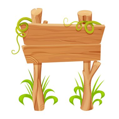 Çizgi film tarzında sopa, çim ve orman tropikal lianalı tahta tabela beyaz arka planda izole edilmiş boş tabela. Ui oyun varlığı, egzotik dekorasyon. Vektör illüstrasyonu
