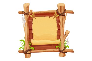 Ahşap dallardan, sopalardan, eski parşömenlerden, deri iplerden, beyaz arka planda izole edilmiş karikatür tarzında çimenlerden bir çerçeve. Kabile, kırsal klip sanatı. Ui oyun varlığı. Vektör illüstrasyonu