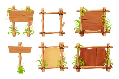 Çubuklardan çerçeveler, çimen ve liana ile süslenmiş ahşap tahtalar, beyaz arkaplanda izole çizgi film tarzında parşömenler. Sınır, orman paneli desenli ve detaylı. Oyun varlığı, menü. Vektör illüstrasyonu