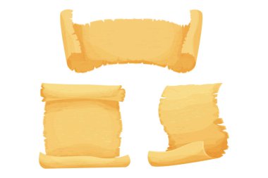 Parşömen kağıdı, parşömen kağıdı, parşömen papirüsü, boş çerçeve, beyaz arkaplan vektör illüstrasyonunda izole edilmiş çizgi film tarzında boş. Dokulu ui varlığı, ortaçağ, antika element.