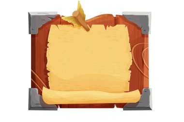 Ahşap parşömen çerçevesi beyaz arka planda izole edilmiş çizgi film tarzında. Kabile, kırsal klip sanatı. Ui oyun varlığı.