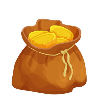 Beyaz arka planda izole edilmiş, çizgi film tarzında altın sikkeleri olan yaşlı bir çanta. Para çantası, hazine kutusu. Ui simgesi, varlık.