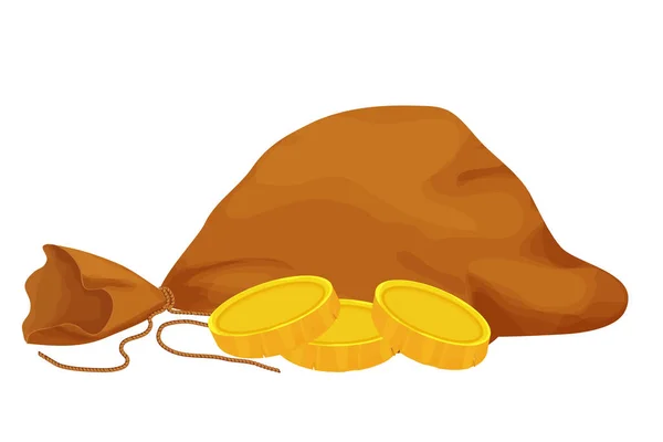 Vieux sac, sac avec des pièces d'or en style dessin animé isolé sur fond blanc. Sac d'argent, obgect au trésor. Icône Ui, actif. — Image vectorielle