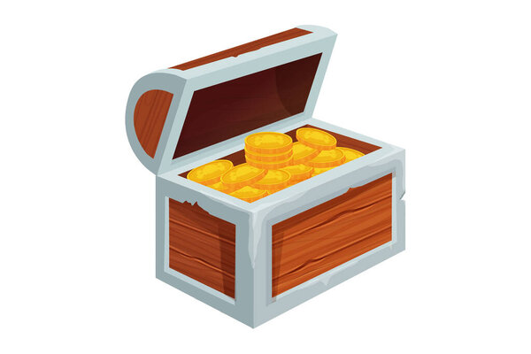 Treasure chest full of golden coins in cartoon style isolated on white background. Game asset, ui. Open wooden textured object.