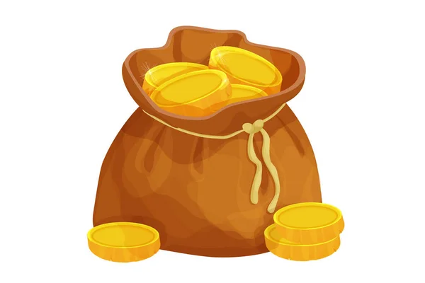 Bolso viejo con monedas de oro en estilo de dibujos animados aislado sobre fondo blanco. Bolsa de dinero, obgecto del tesoro. Icono Ui, activo. — Vector de stock