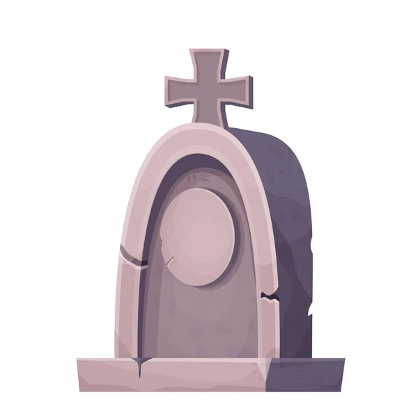 Tumba de piedra, monumento en estilo de dibujos animados aislado sobre fondo blanco. Funeral, objeto del cementerio. Monumento al Más Allá. — Vector de stock