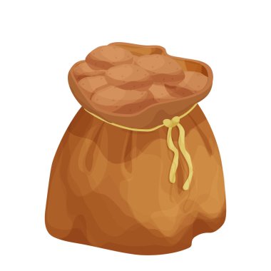 Çuvalda patates, beyaz arka planda izole edilmiş karikatür şeklinde ipli çanta. Çiftlik, atölye. Toplanan kök ekinleri.