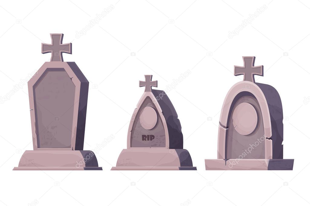 Set stone grave, memorial in cartoon style isolated on white background. Funeral, cemetery object. Afterlife monument.