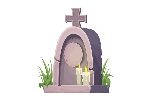 Sepultura de pedra, memorial com grama e velas em estilo cartoon isolado no fundo branco. Funeral, objecto do cemitério. Monumento pós-vida. — Vetor de Stock