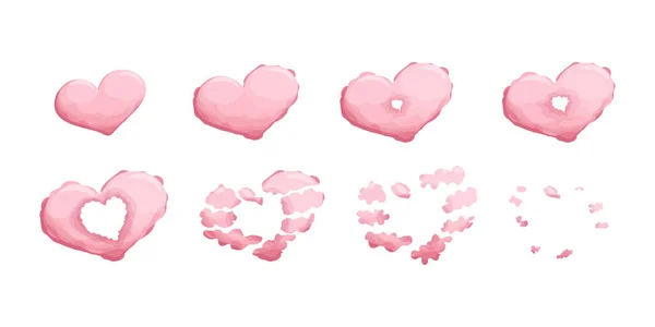 Explosión del corazón de la nube para la animación en estilo de dibujos animados aislados sobre fondo blanco. Guión gráfico de amor para el juego. Marco lindo, humo. — Archivo Imágenes Vectoriales
