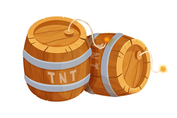 Cañón de madera TNT con detonador en estilo cómic aislado sobre fondo blanco. Arma explosiva, bomba. Ui activo del juego. — Archivo Imágenes Vectoriales