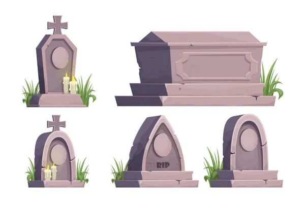 Встановіть кам'яну могилу, меморіал з травою і свічками в мультиплікаційному стилі ізольовано на білому тлі. Похорон, кладовище. Пам'ятник загробного життя . — стоковий вектор
