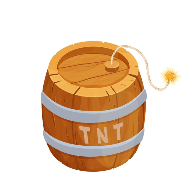 TNT 나무 통 에는 백색 배경에 기폭 장치가 붙어 있는 만화 스타일의 기폭 장치가 있다. 폭발물, 폭탄. 우이 게임 자산. — 스톡 벡터