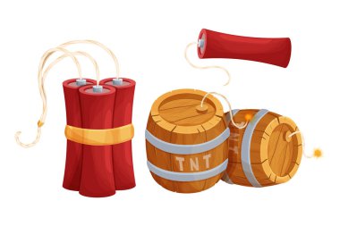 Ateşleyicili TNT ahşap fıçı, beyaz arka planda izole çizgi film tarzında kırmızı dinamit çubuğu. Patlayıcı silah, bomba. Ui oyun varlığı. 
