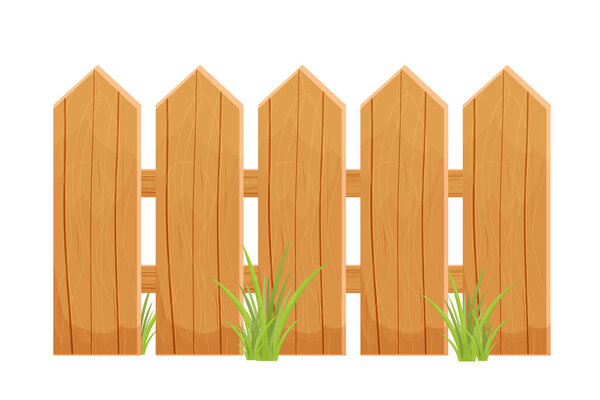 Wood cartoon fence with grass textured, detailed isolated on white background. Rustic construction from planks, rural old barrier. 