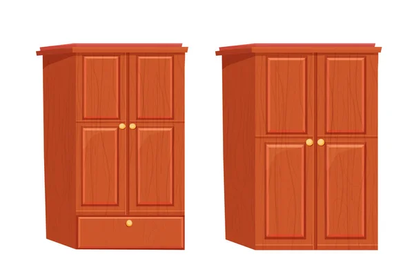Ställ garderob trä inredningsmöbler i tecknad stil isolerad på vit bakgrund. Låda, skåp objekt. Texturerat heminredning, element. — Stock vektor
