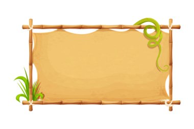 Bambu çubuklarından çerçeve, eski kağıt, ip, beyaz arka planda izole çizgi film tarzında çimenler. Kabile, kırsal klip sanatı. Ui oyun varlığı.