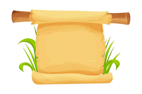 Pergamino desplazarse sobre palo de bambú con hierba en estilo de dibujos animados aislados sobre fondo blanco. Juego activo, elemento de diseño. Papel antiguo medieval. — Vector de stock