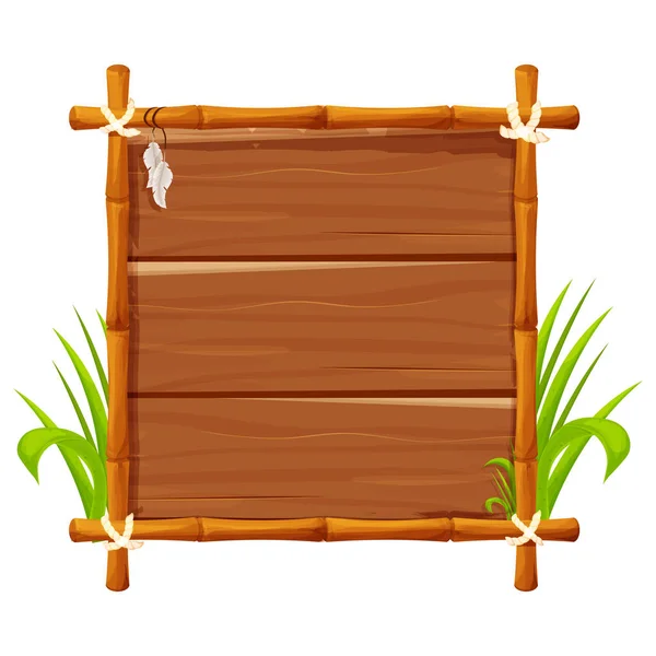 Frame from bamboo sticks, wooden planks decorated with rope, grass and liana in comic cartoon style isolated on white background. Border, jungle panel textured and detailed. Game asset, menu — Stock Vector