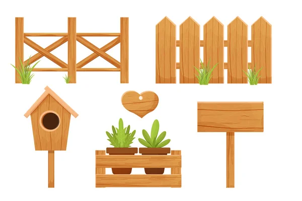 Set wooden fence, birdhouse, empty billboard, sign and wooden box with flowerpots isolated on white background. Textured, detailed objects, seasonal decoration, beige elegant color in cartoon style. — Vetor de Stock