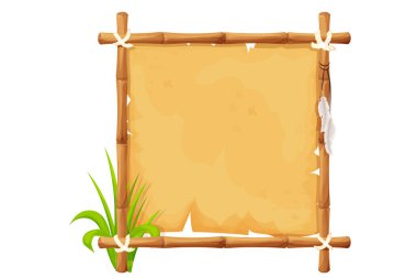 Bambu çubuklarından çerçeve, eski kağıt, ip, beyaz arka planda izole çizgi film tarzında çimenler. Kabile, kırsal klip sanatı. Ui oyun varlığı.