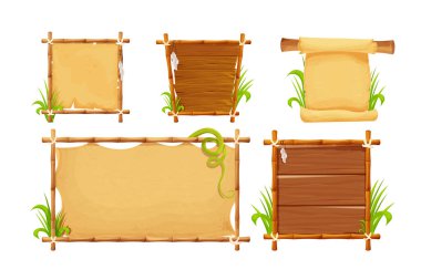 Bambu çubuklarından çerçeveler, tahta tahtalar, iple süslenmiş parşömen kağıtları, beyaz arkaplanda izole çizgi film tarzında çimenler ve lianalar. Sınır, orman paneli. Oyun varlığı, menü