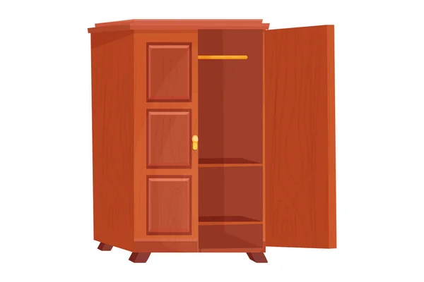 Trä garderob tomma möbler med hylla i tecknad stil isolerad på vit bakgrund. Skåp, låda invändigt objekt. — Stock vektor