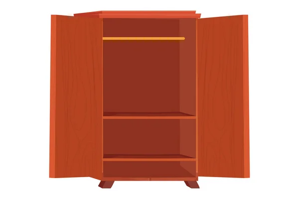 Wooden wardrobe empty furniture with shelf in cartoon style isolated on white background. Cupboard, drawer interior object. — Stock Vector