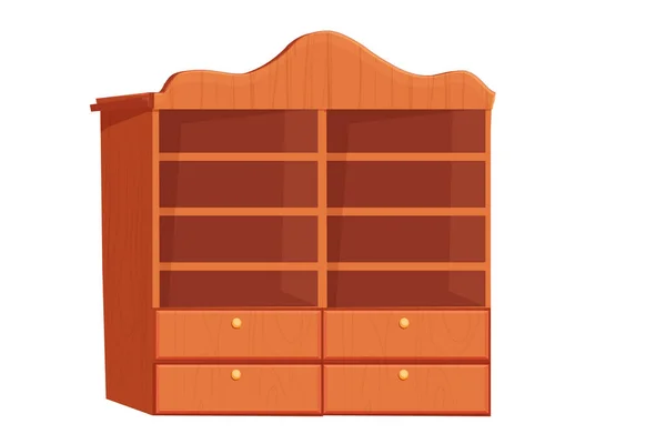 Bücherregal Holzmöbel, leeres Bücherregal im Cartoon-Stil isoliert auf weißem Hintergrund. Inneneinrichtung, für zu Hause, im Büro. — Stockvektor