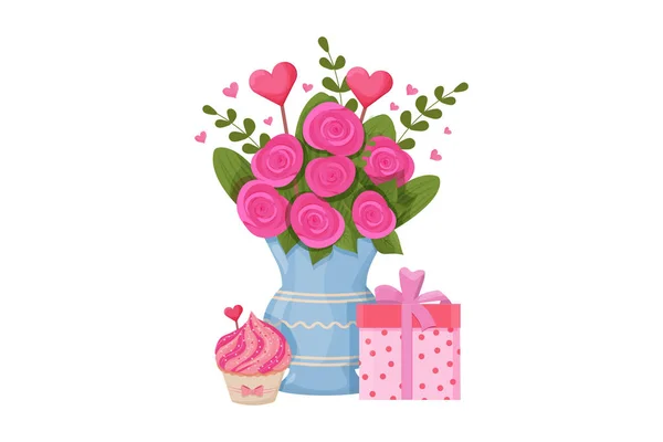Ramo de rosas en florero con hojas y corazones. Amor, decoración romántica o de San Valentín aislado sobre fondo blanco vector de la ilustración. — Archivo Imágenes Vectoriales