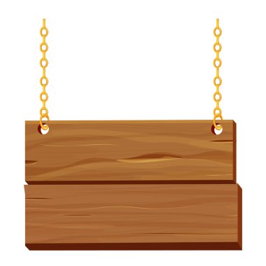 Hanging wooden frame with golden chain, signboard in cartoon style isolated on white background. Textured wood planks, decoration. Ui game asset.