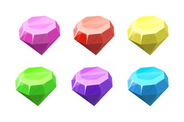 Diamond set in different colors, gemstone jewel in cartoon style isolated on white background. Collection crystals. Ui game asset.