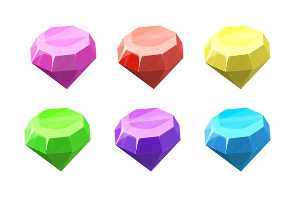 Diamond set in different colors, gemstone jewel in cartoon style isolated on white background. Collection crystals. Ui game asset. — Stockový vektor