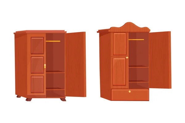 Set Holzschrank leere Möbel mit Regal im Cartoon-Stil isoliert auf weißem Hintergrund. Schrank, Schublade Interieur Objekt. — Stockvektor
