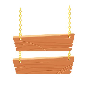 Hanging wooden frame with golden chain, signboard in cartoon style isolated on white background. Textured wood planks, decoration. Ui game asset.