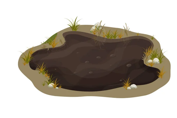 Charco de barro sucio, pantano con piedra, hierba en estilo de dibujos animados aislados sobre fondo blanco. Suelo húmedo natural, estanque forestal, clip art lago. — Vector de stock