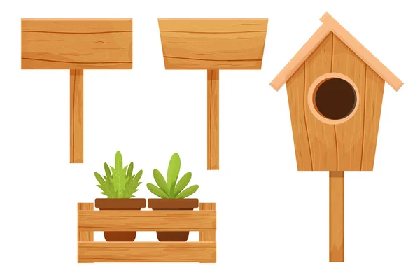 Σετ ξύλινη birdhouse, άδεια πινακίδα, πινακίδα και ξύλινο κουτί με γλάστρες που απομονώνονται σε λευκό φόντο. Υφή, λεπτομερή αντικείμενα, εποχιακή διακόσμηση, μπεζ κομψό χρώμα σε στυλ κινουμένων σχεδίων. — Διανυσματικό Αρχείο