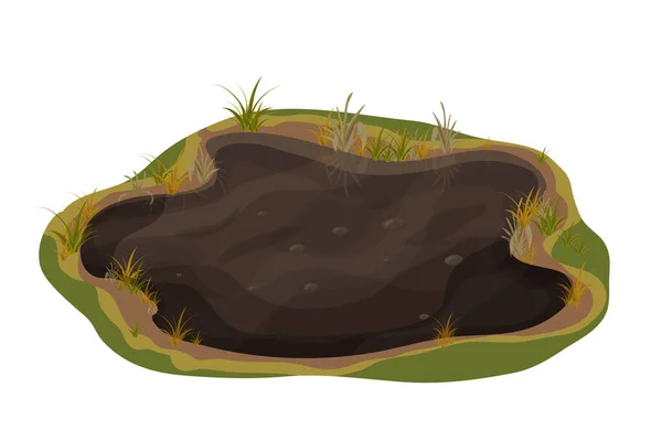 Vuile modderpoel, moeras met steen, gras in tekenfilmstijl geïsoleerd op witte achtergrond. Natuurlijke natte grond, bos vijver, meer clip art. — Stockvector