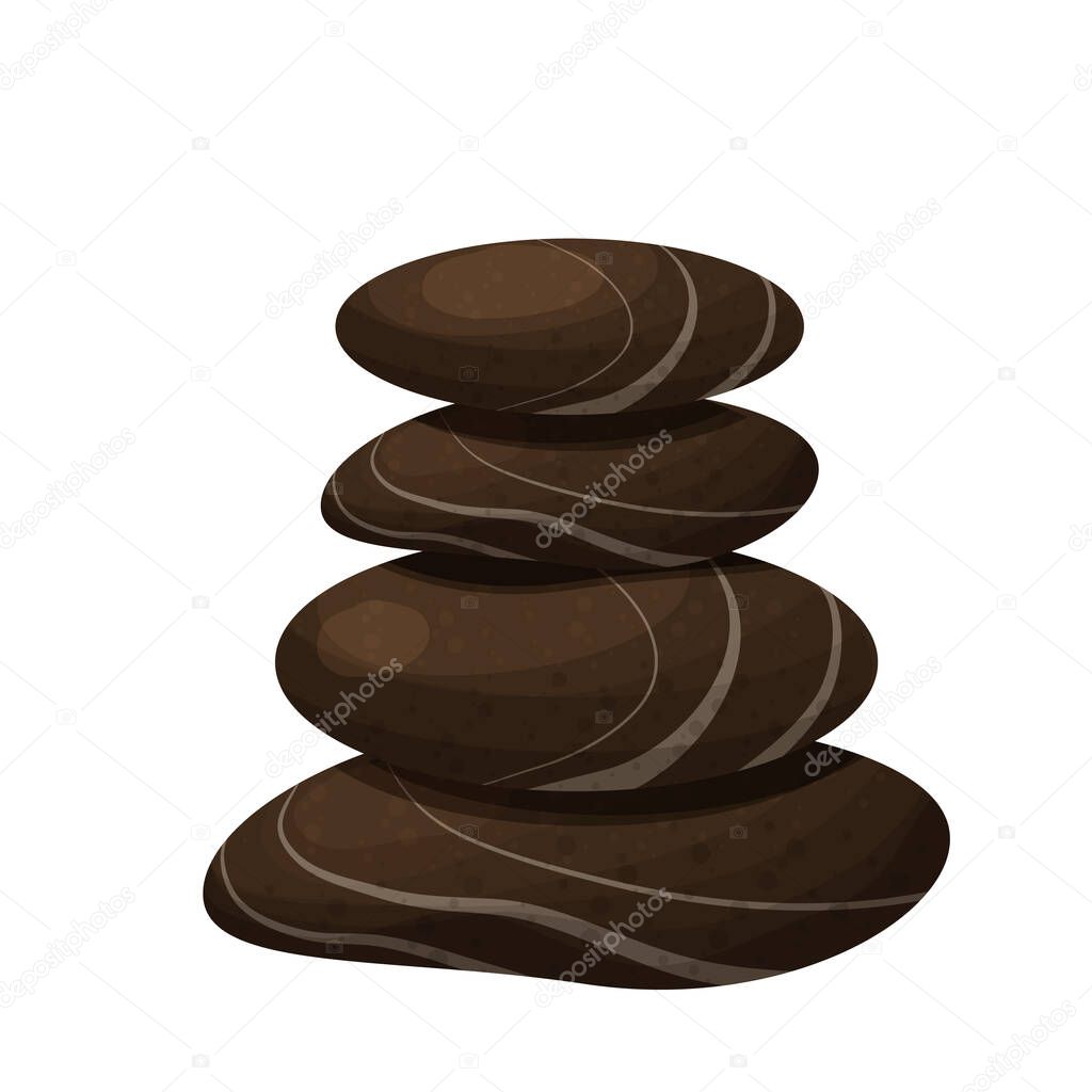 Spa stones pile, balance tower, meditation rock with flowers in cartoon style isolated on white background. Wellness massage, relax.