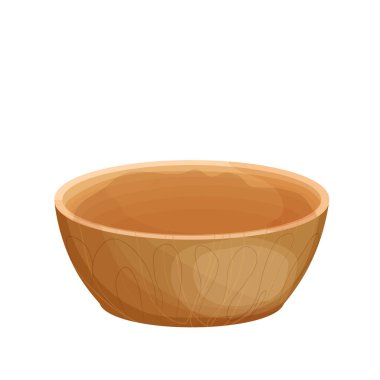 Boş kase, daldırılmış ahşap tabak, beyaz arka planda izole edilmiş çizgi film tarzında mutfak malzemeleri. Yiyecek kabı, tasarım elementi.