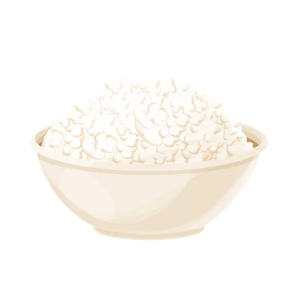 Cottage fromage produits laitiers dans un bol en style dessin animé isolé sur fond blanc. Agricole nature ingrédient, nourriture nutritionnelle. — Image vectorielle