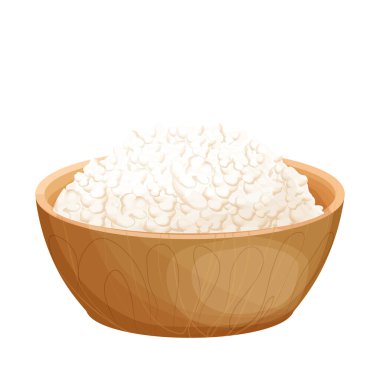 Çizgi film tarzında ahşap kasede beyaz arka planda izole edilmiş süzme peynirli süt ürünü. Çiftlik malzemeleri, besin maddeleri..