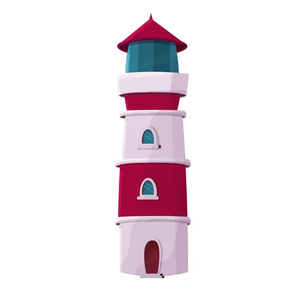 Lighthouse building, seaside tower in white and red colors in cartoon style isolated on white background. Navigation sign. — Stock Vector