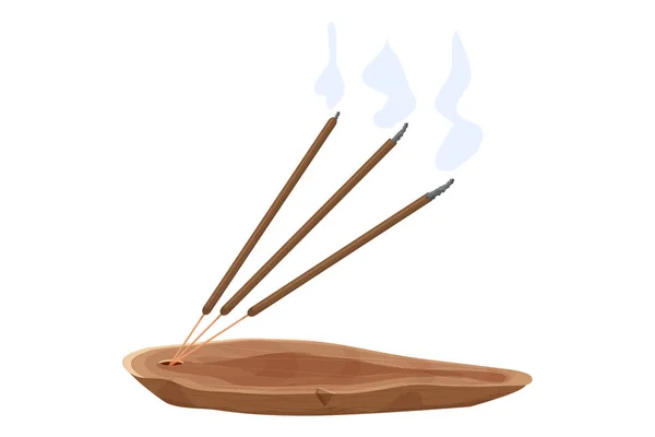 Arom pinne på trä rökelse brännare med rök i tecknad stil isolerad på vit bakgrund. Aromaterapi och meditation, — Stock vektor